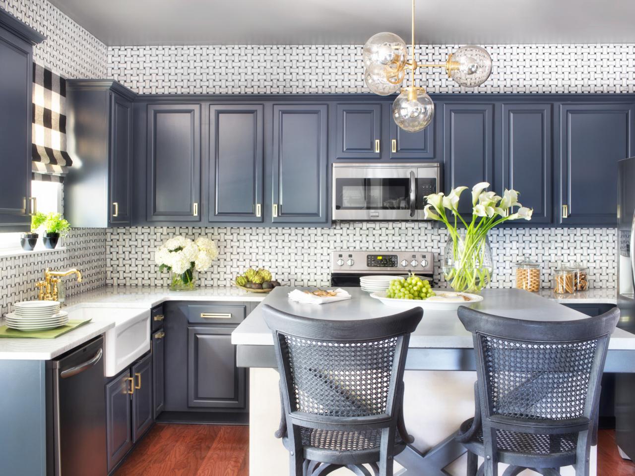 Patterned Walls Set Off Painted Cabinets