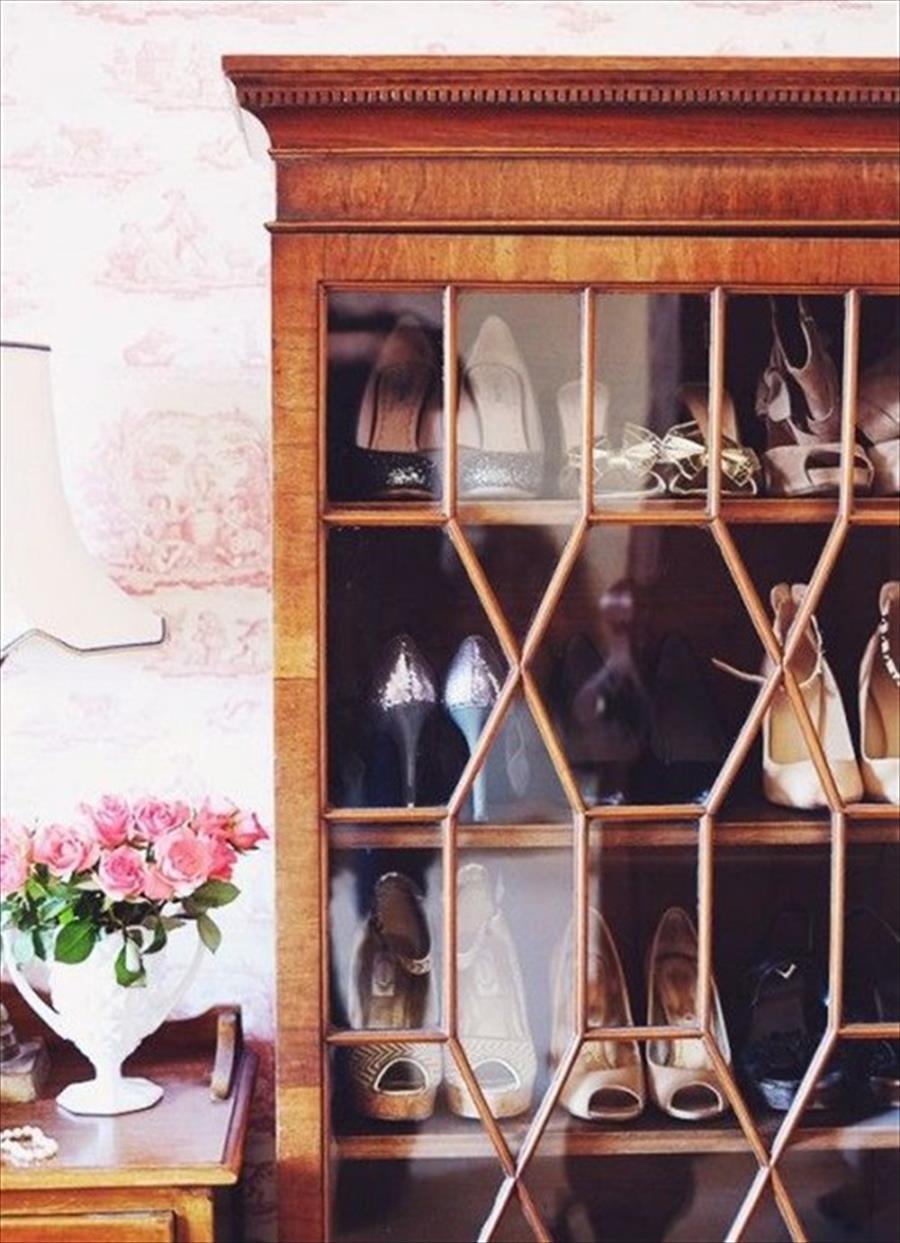 Formal Wood and Glass Shoe Cabinet