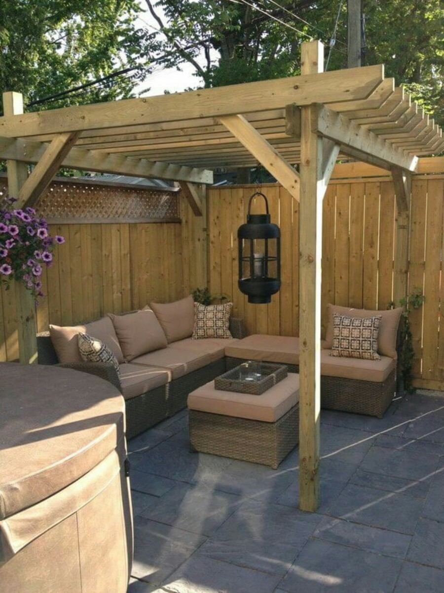 Beige Sectional and Hanging Antique Lantern