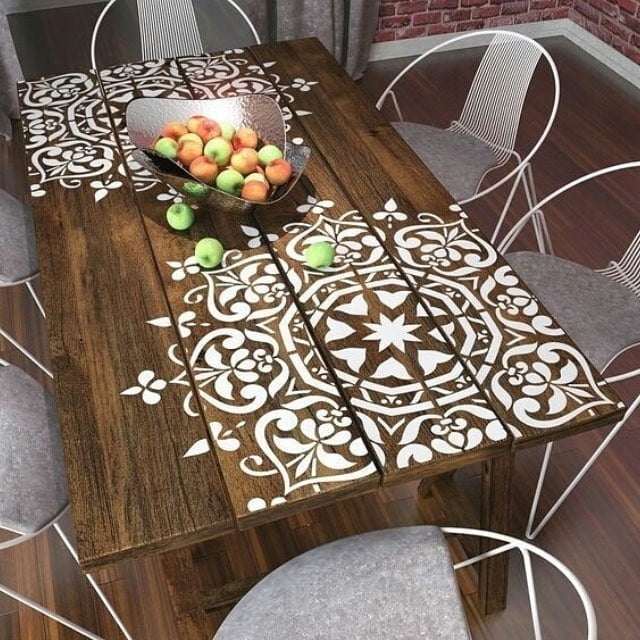 White Stamped Wooden Table and Wire Chairs