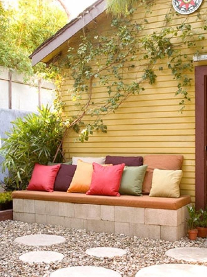 Cinder Block Built Base Bench with Cushions