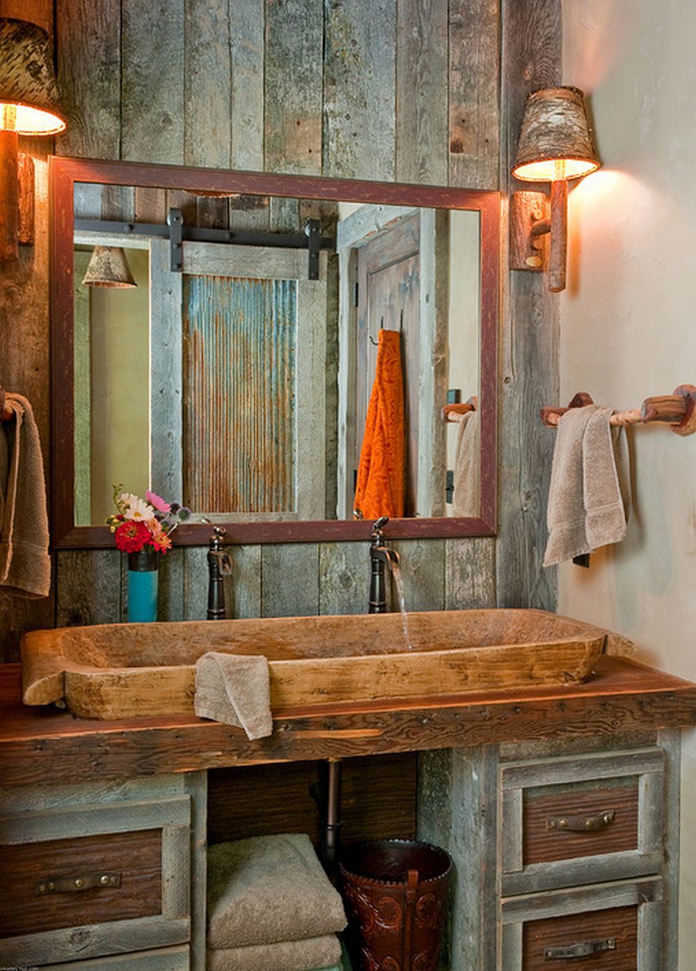 Stone Double Sink and Barn Wood Paneling