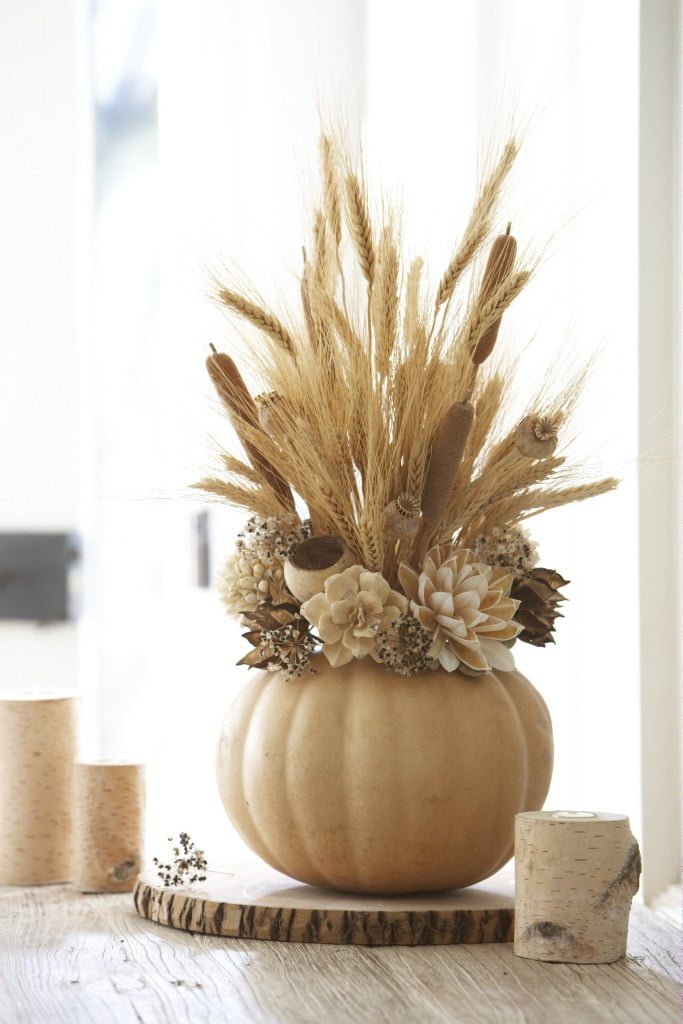 Monochrome Ivory Floral Arrangement in Pumpkin Vase