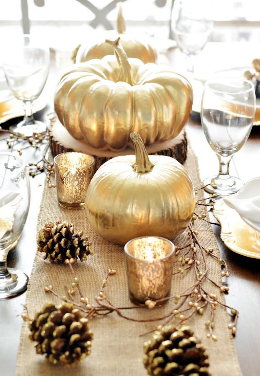 DIY Fall Centerpieces Idea: Gold-dipped Mini Pumpkin and Votive Display for Dining Table