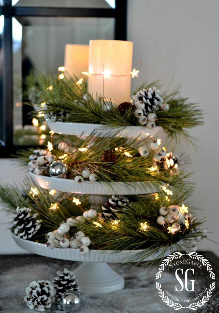 Evergreen and Tiny Stars on a Tiered Tray