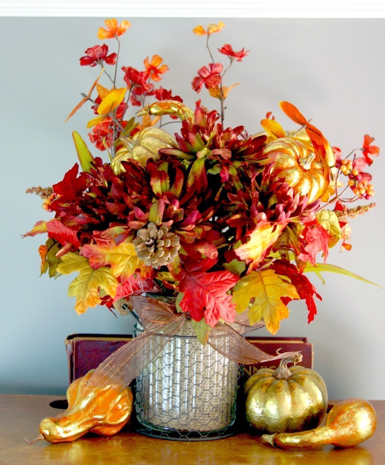 Autumn Hued Floral Arrangement with Metallic Accents