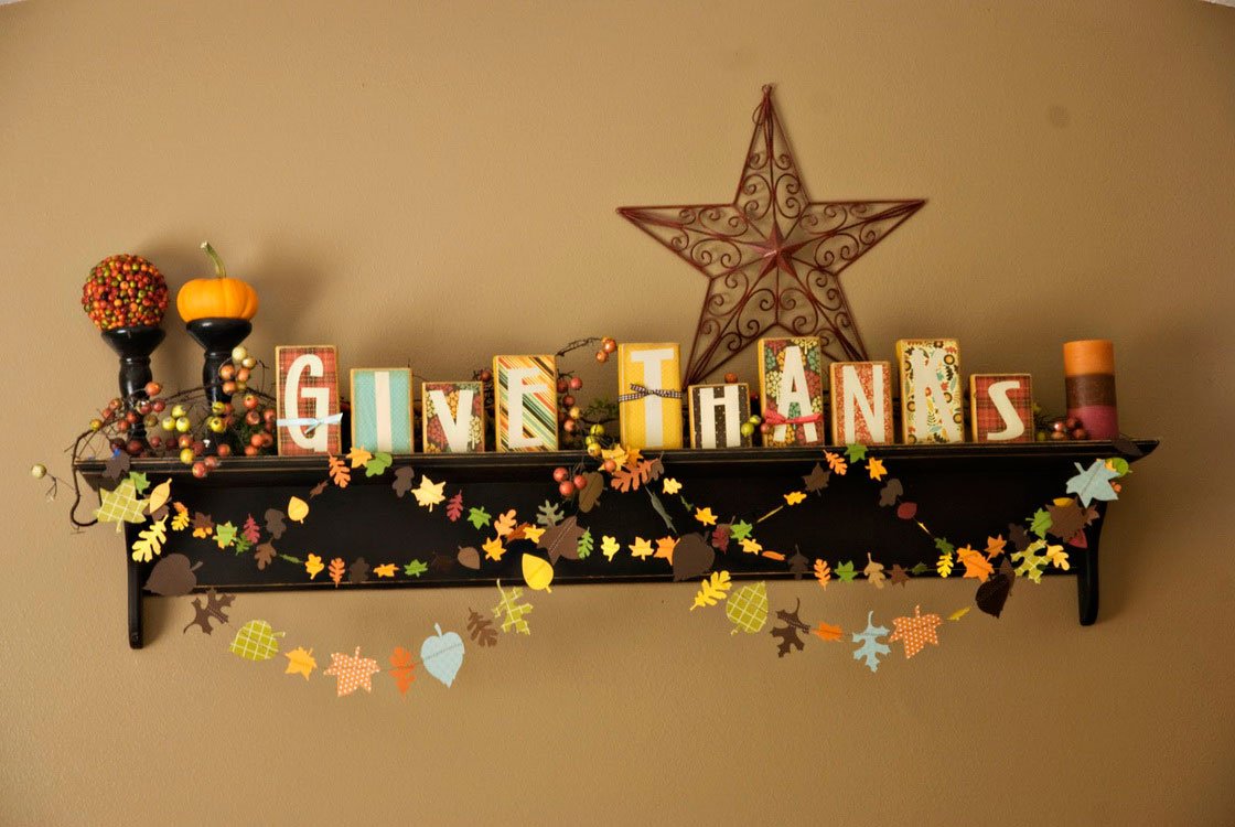 Wooden Blocks with Printed Papers and Paper Leave Garlands for Mantel