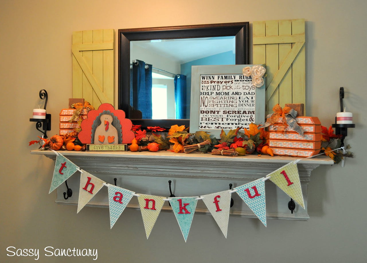 Bunting with Red-lettered "Thankful" on Blue and Neutral Paper