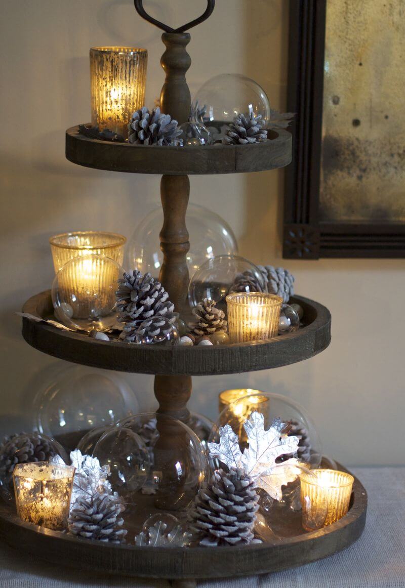 Mismatched Christmas Cake Stand Décor with Silvered Pine Cones