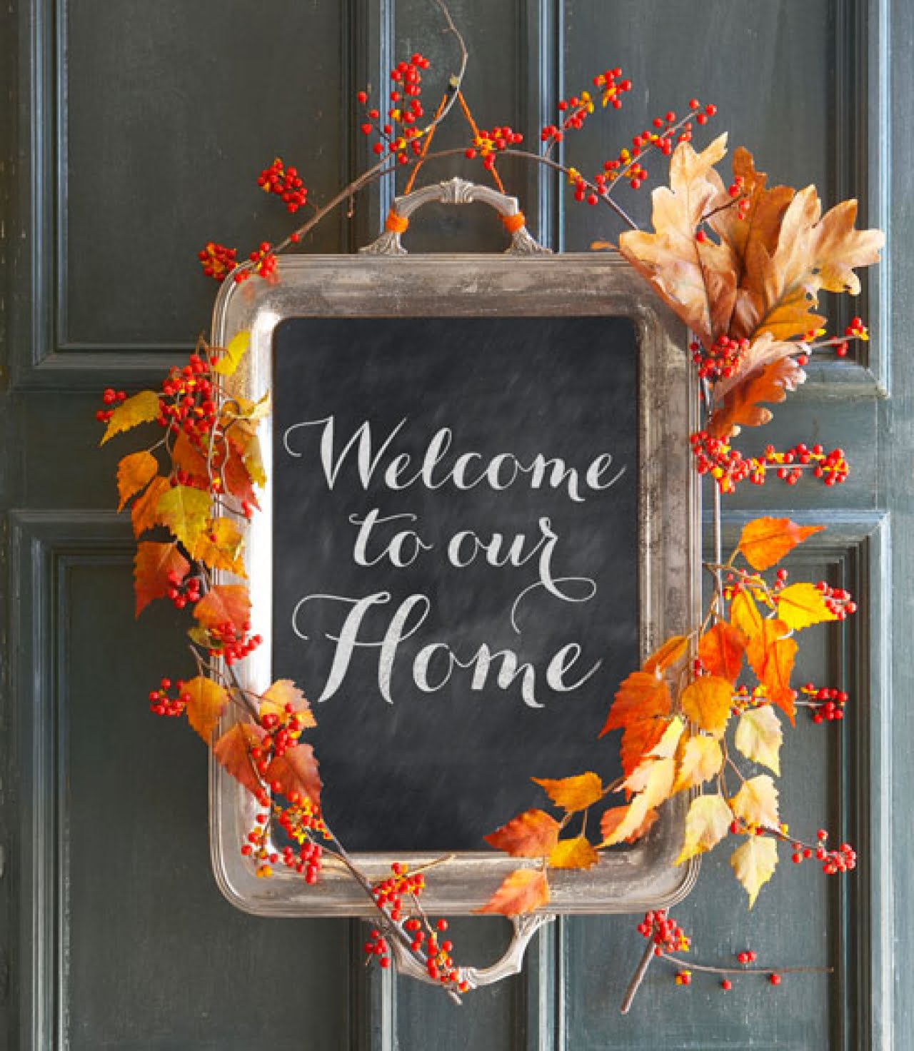 Foliage-draped Vintage Platter Turned Chalkboard