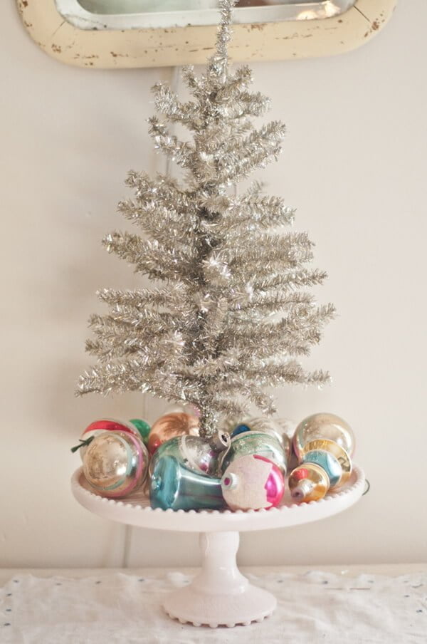 Retro Cake Stand And Silver Tinsel Mini-tree