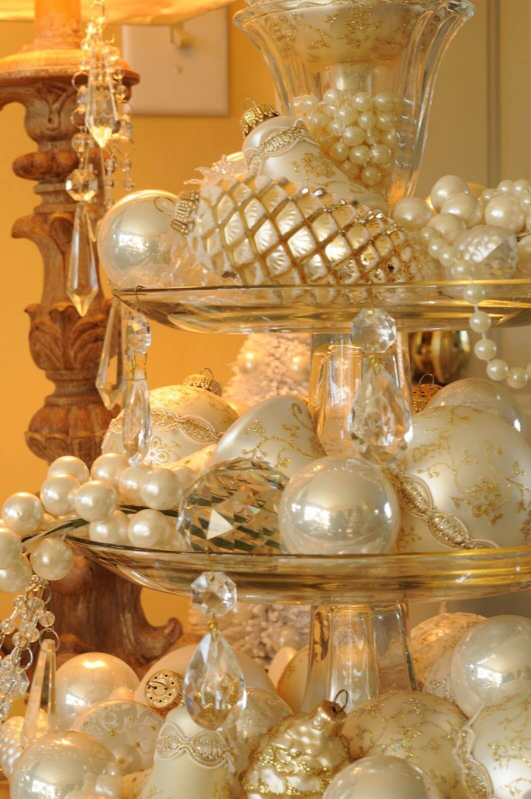 Lavish Crystal Display Featuring Pearl, Gold, And Ivory Ornaments