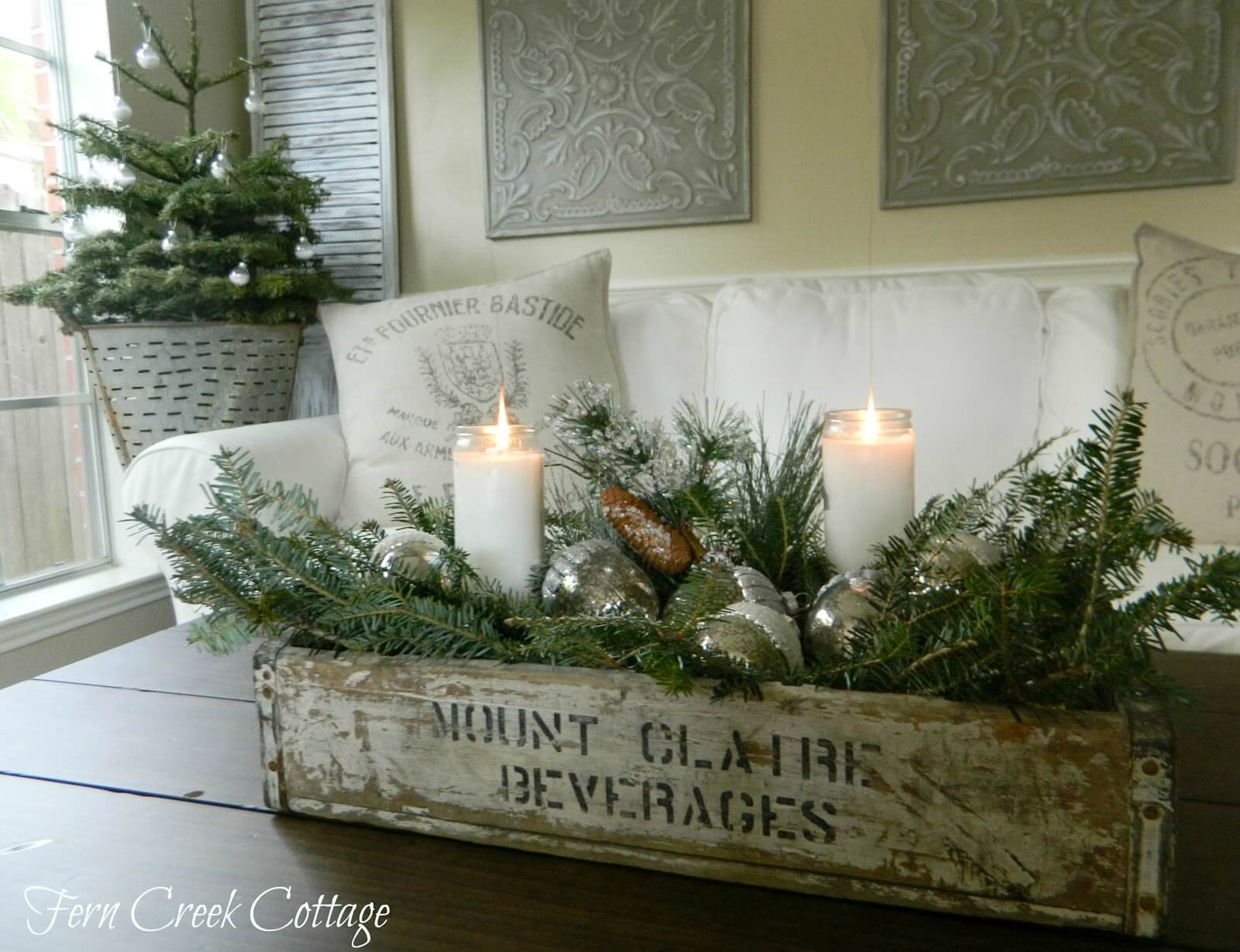 Fragrant Boughs and Rustic Crate Table Arrangement