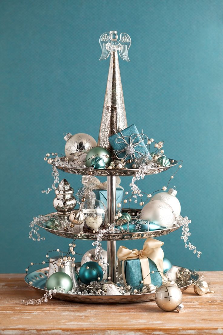 Vintage Silver Dessert Stand With Angel Topper And Heirloom Ornaments