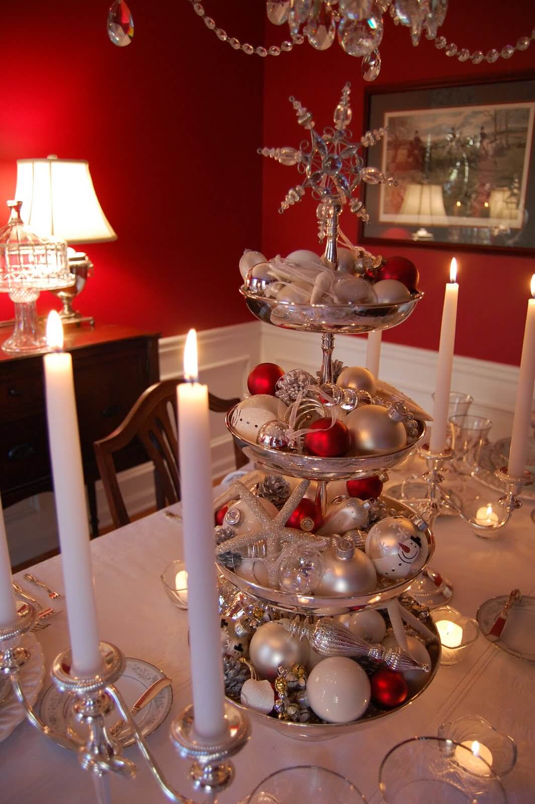 Towering Silver Centerpiece Display With Red Accent Ornaments