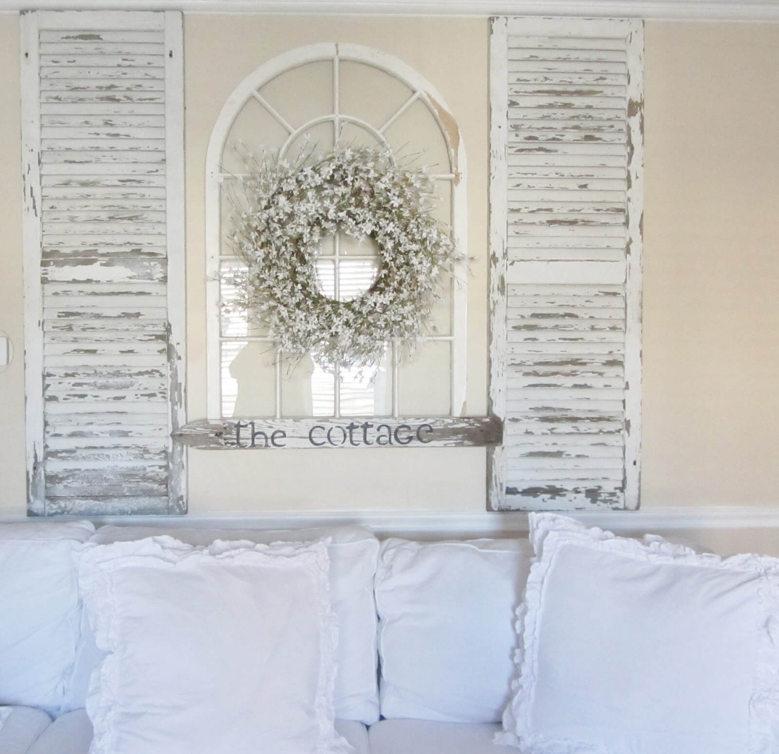 Easy Headboard From Whitewashed Shutters And Window Frame