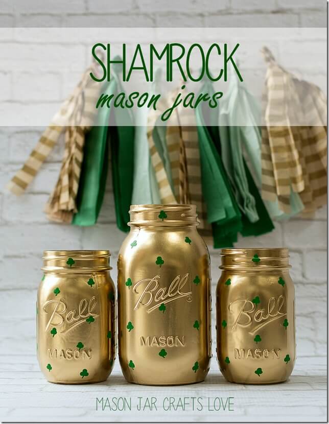 DIY Gold Shamrock Mason Jars