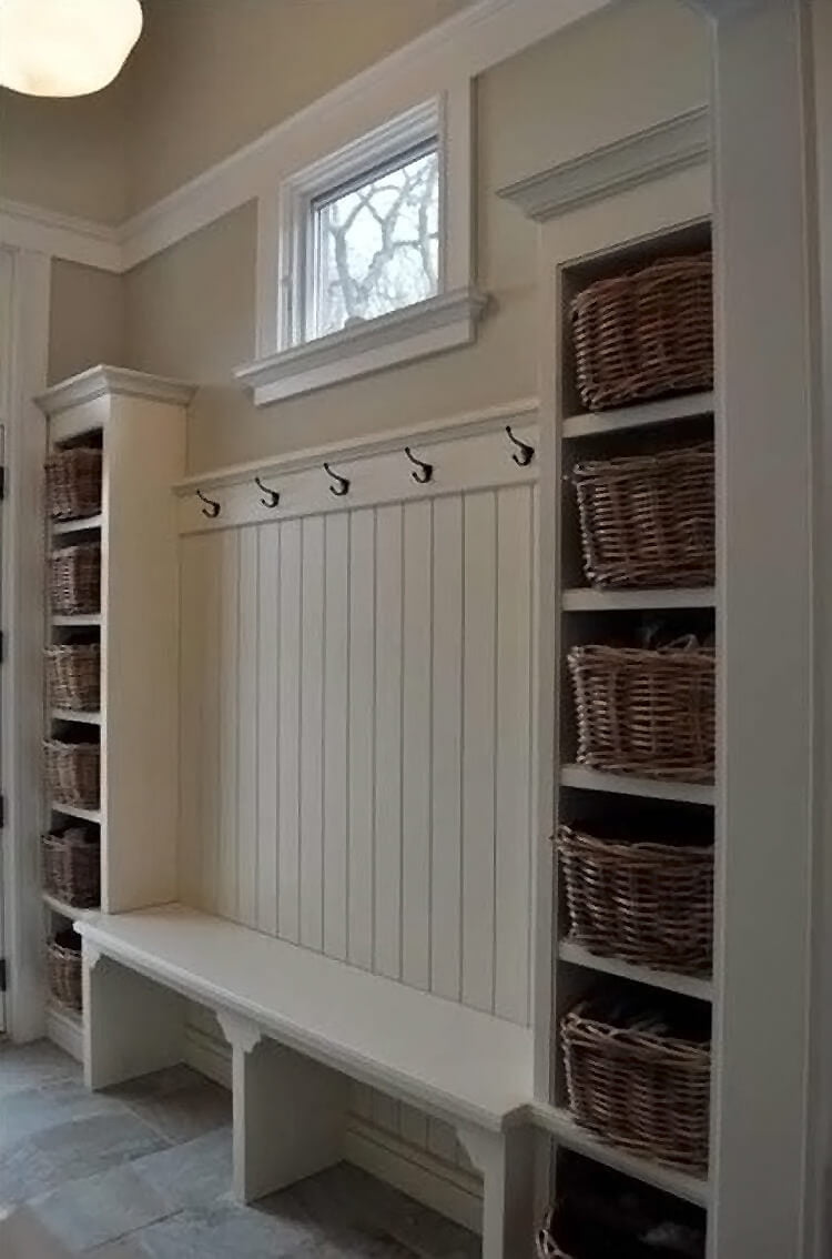 White Bench, Hooks And Baskets For Storage