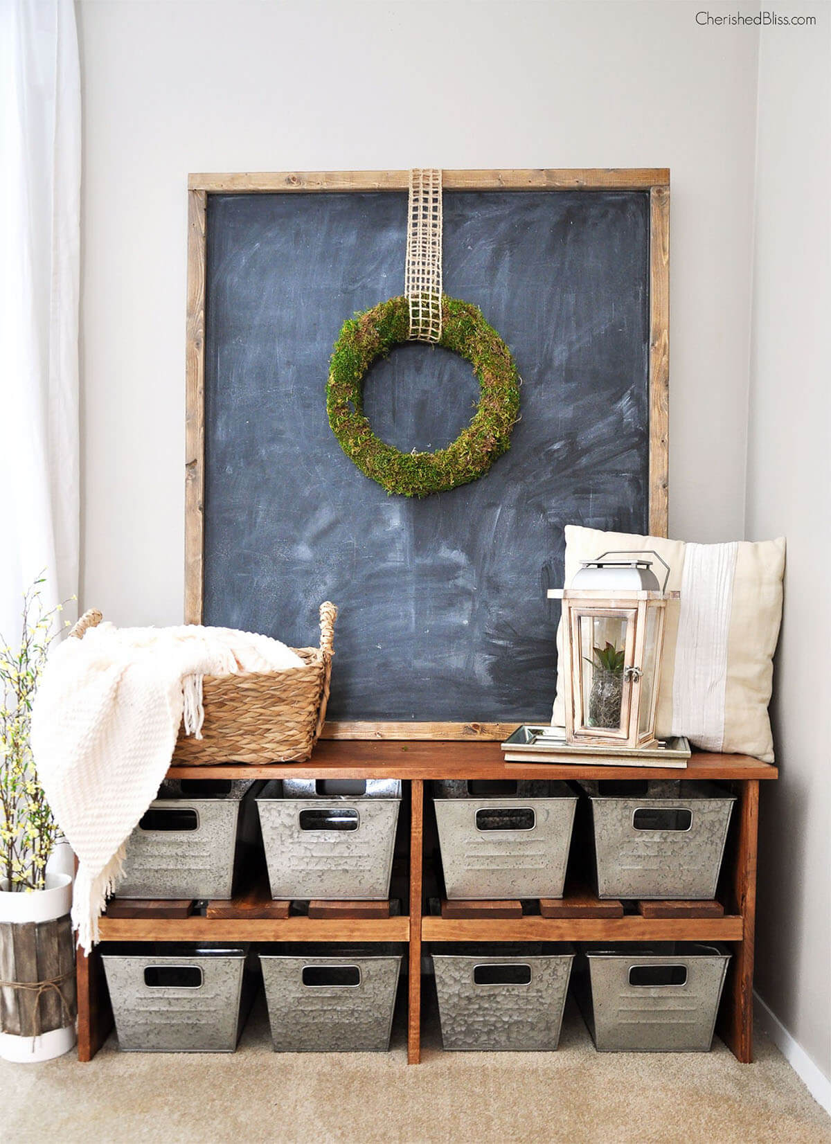 Rustic Farmhouse Framed Chalkboard And Metal Baskets