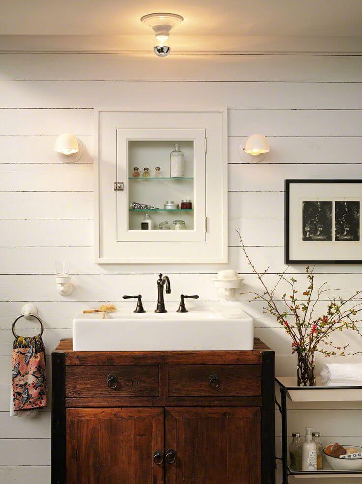 Recessed Medicine Cabinet and Farm Sink for Powder Room