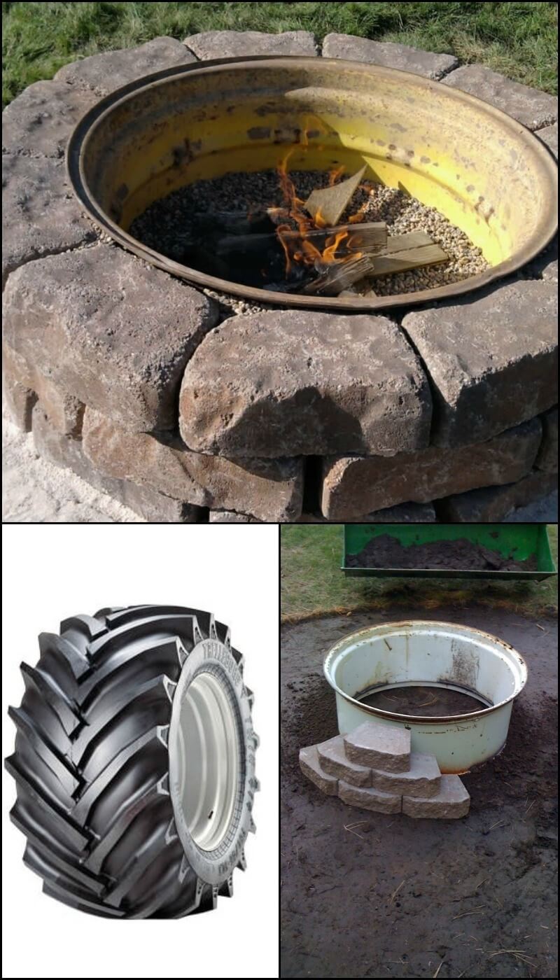 Upcycled Truck Wheel and Stone Fire pit