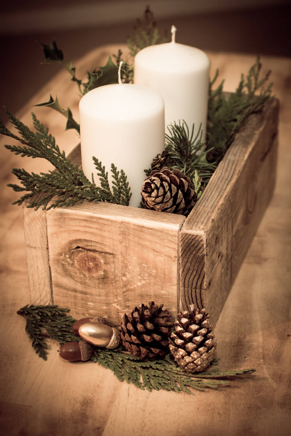 A Simple Rustic Box with Gold-Brushed Acorns