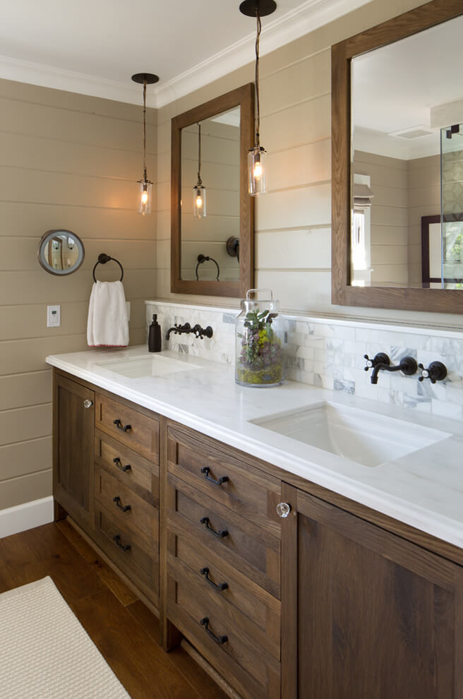 Wood Farmhouse Vanity with Aged Bronze Fixtures