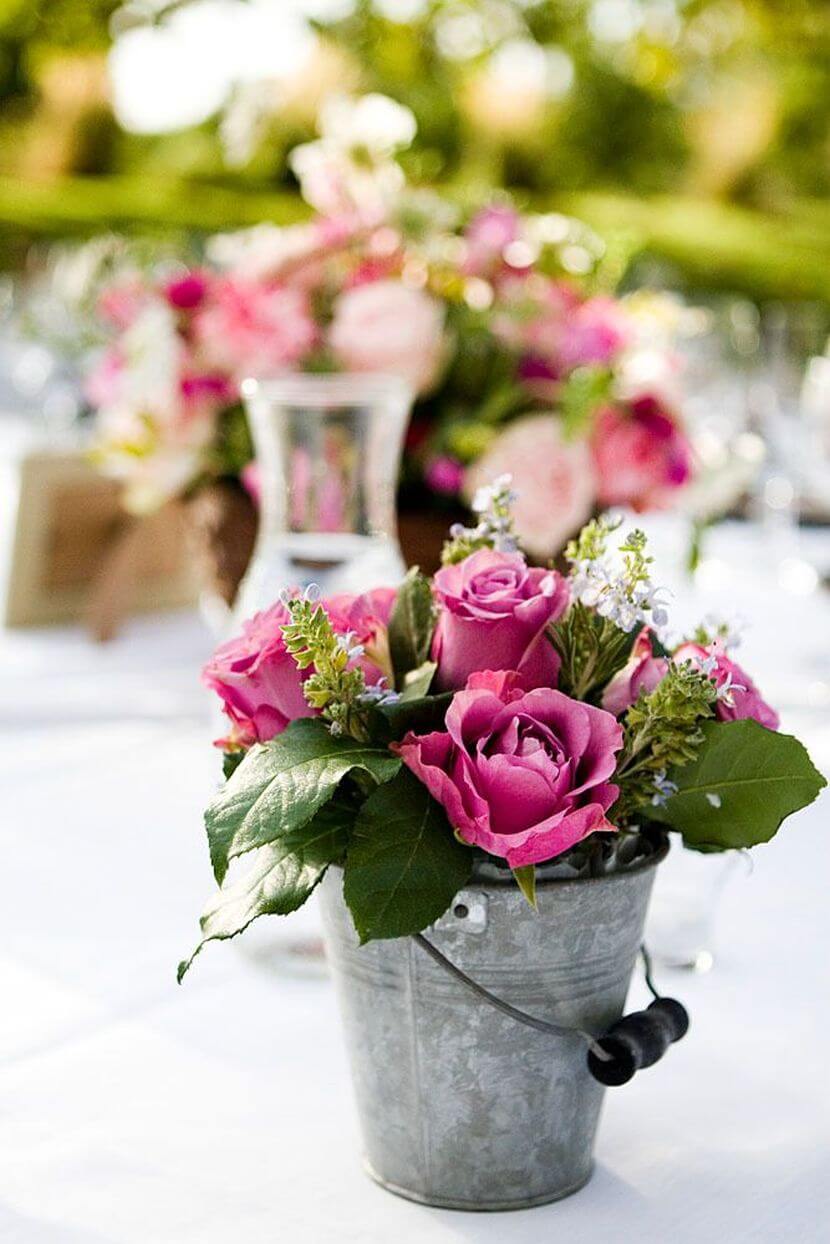 Fuchsia Roses in Metal Bucket Picnic Centerpiece