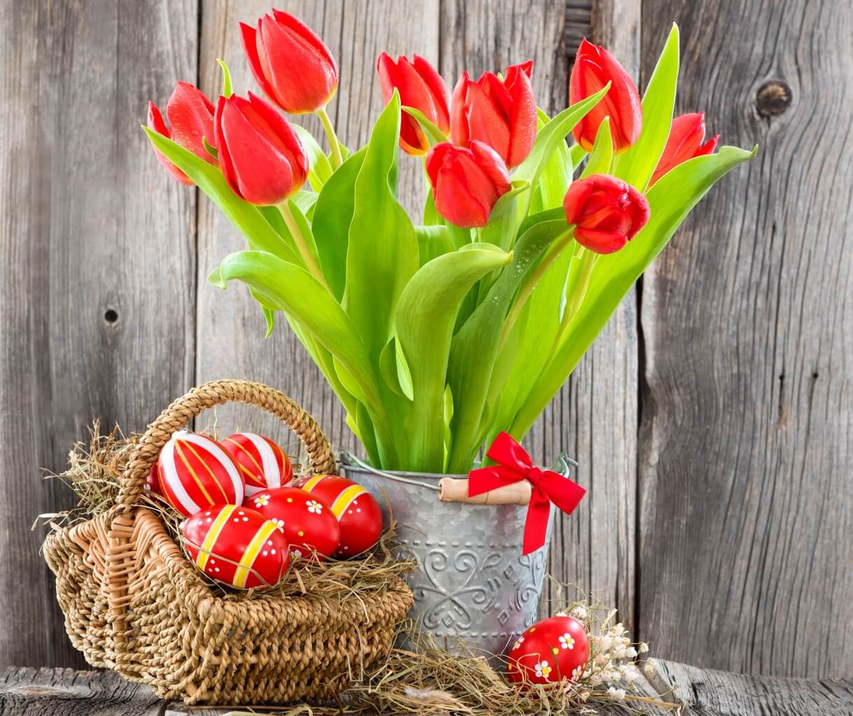 Crimson Tulips and Vibrantly Painted Eggs