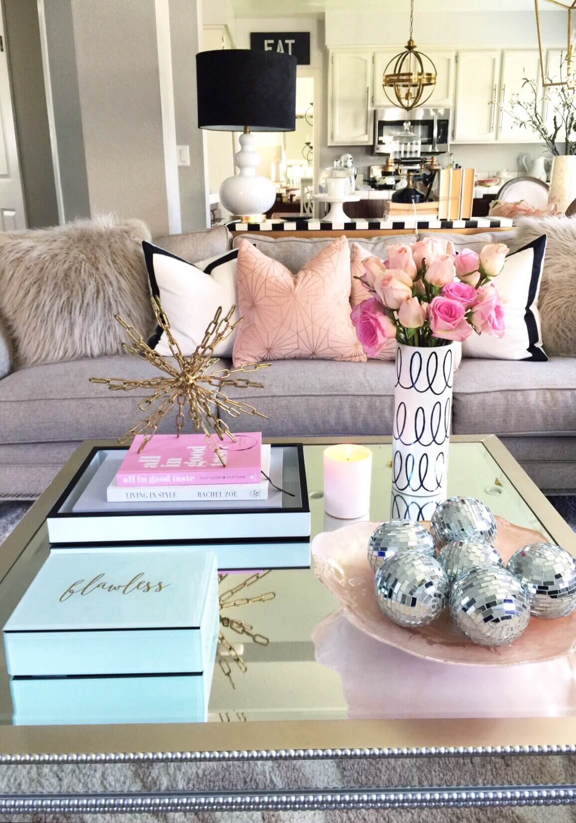 Glamorous Mirrored Table with Metallic Accent Art