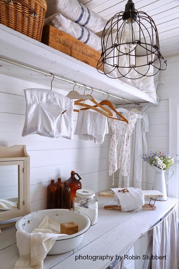 Country White Laundry Room with Hanging Space