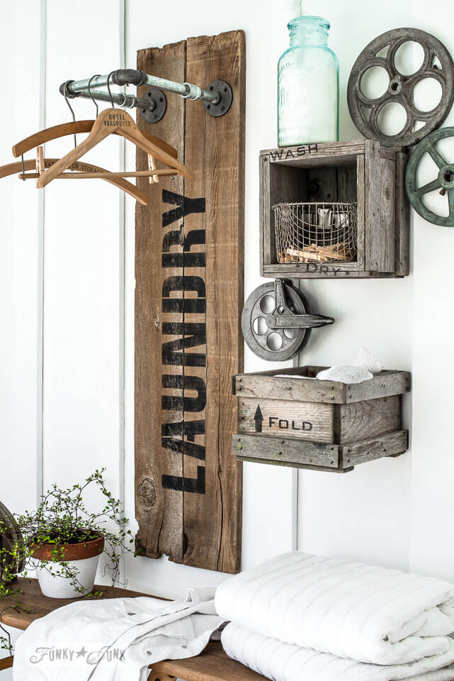 Wood Laundry Sign with Hanger Rack