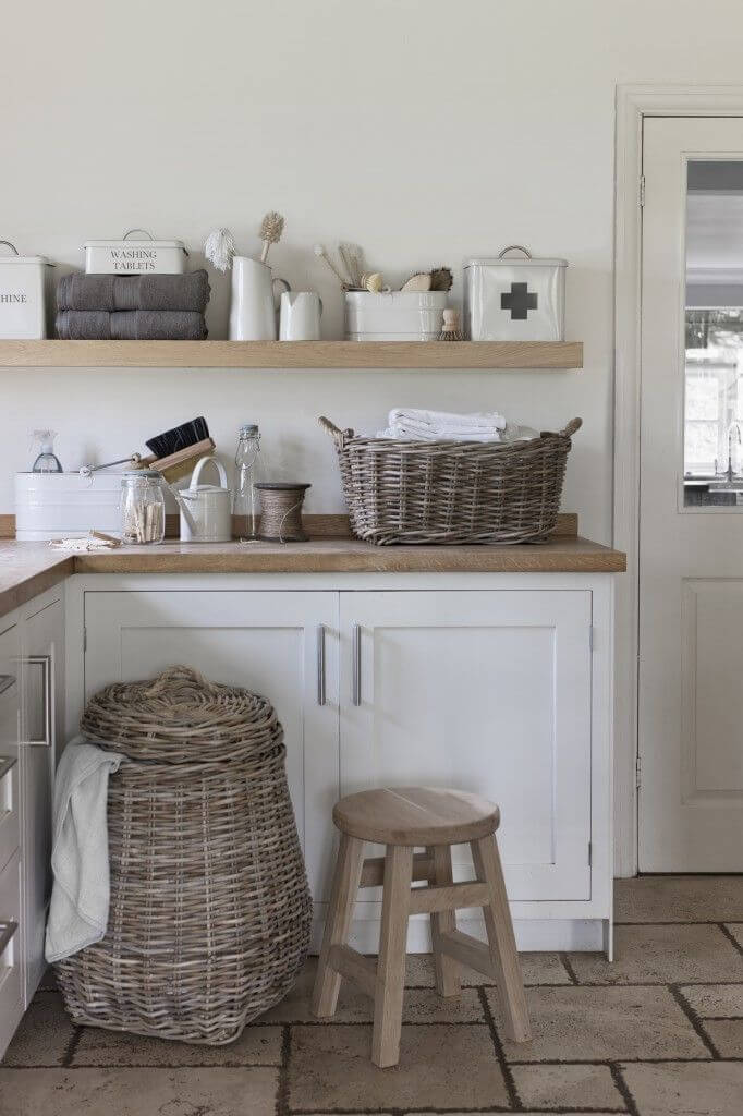 Grey and White Laundry Room with Wicker