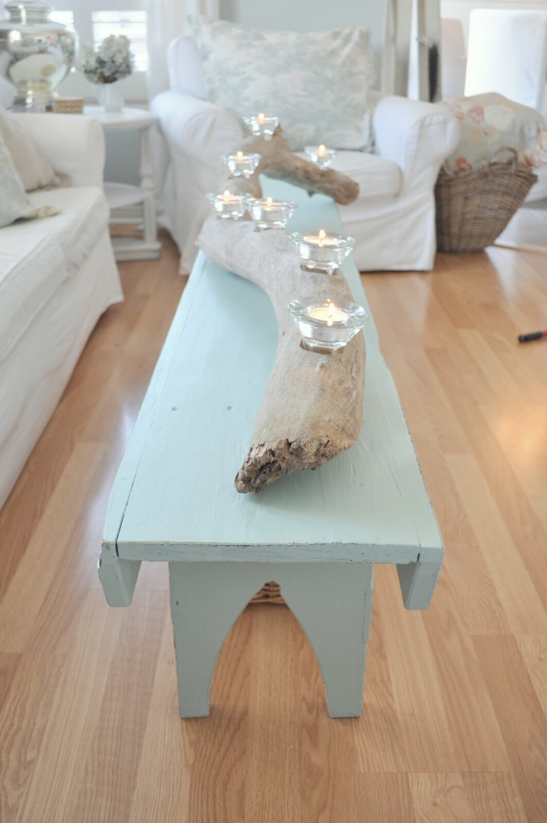 Natural Driftwood Votive Holder on an Upcycled Sea-blue Table