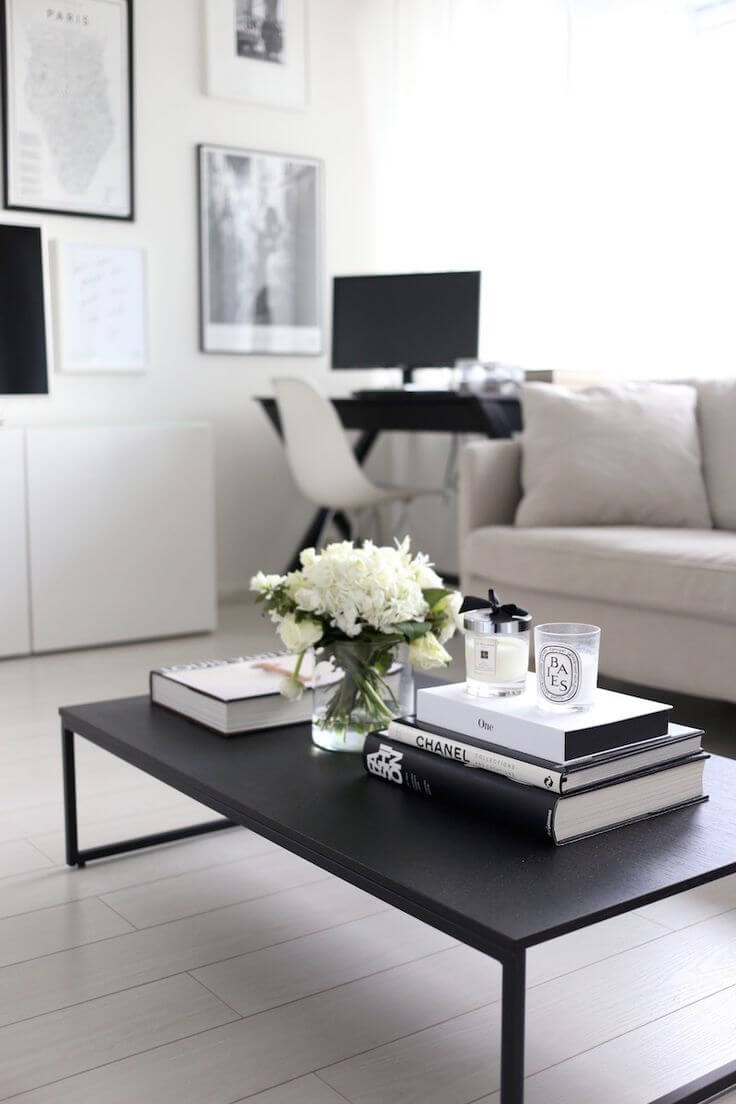 Simple Black and White Understated Book and Flower Display