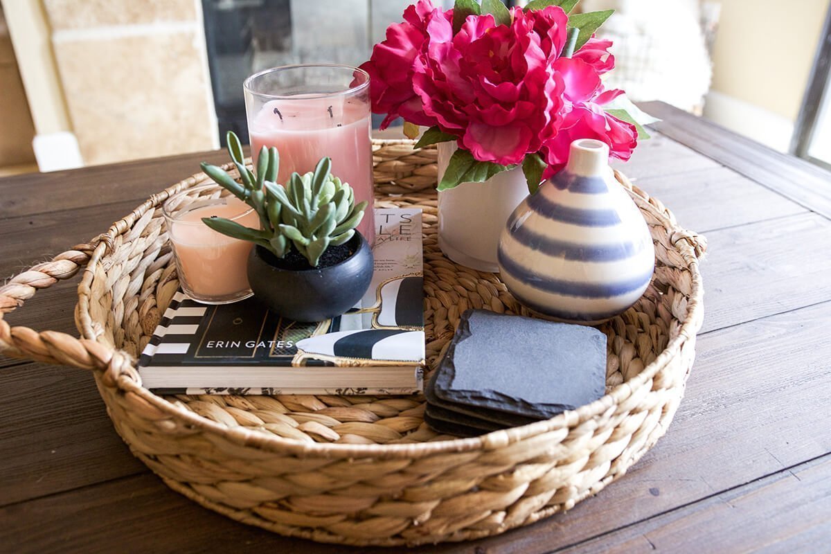 Simple Succulent Planter and Candles in Raffia Tray Basket