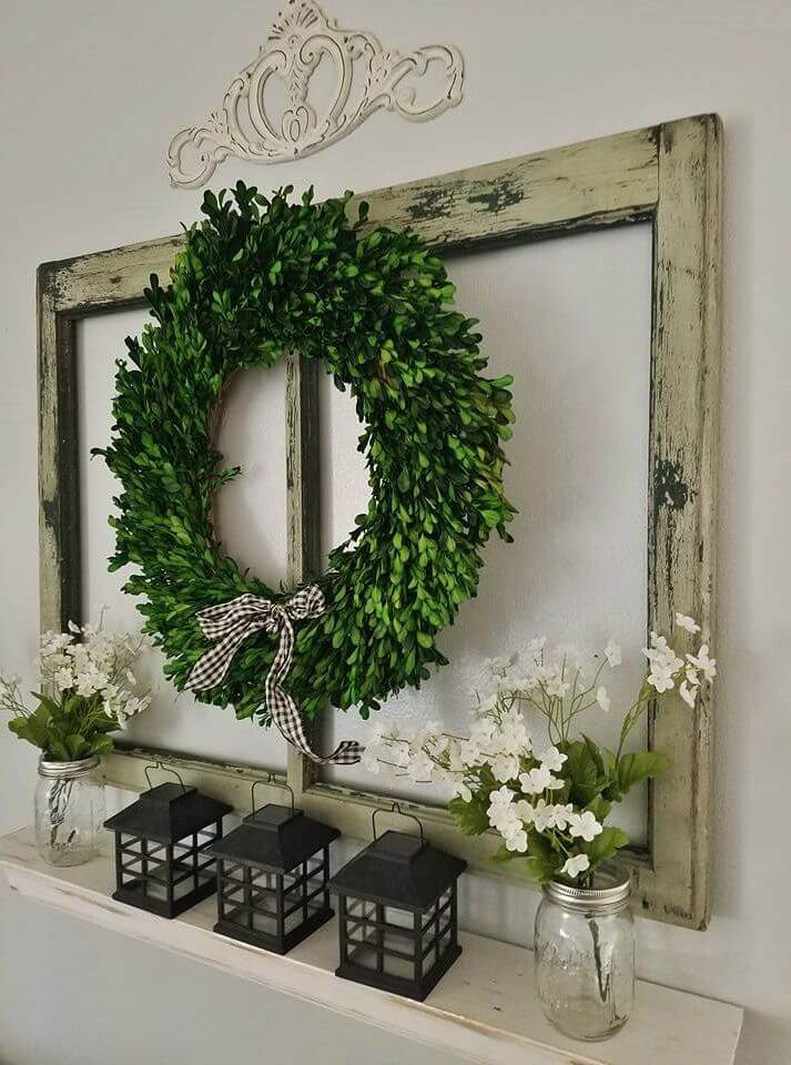 Boxwood Wreath and Recycled Window Display