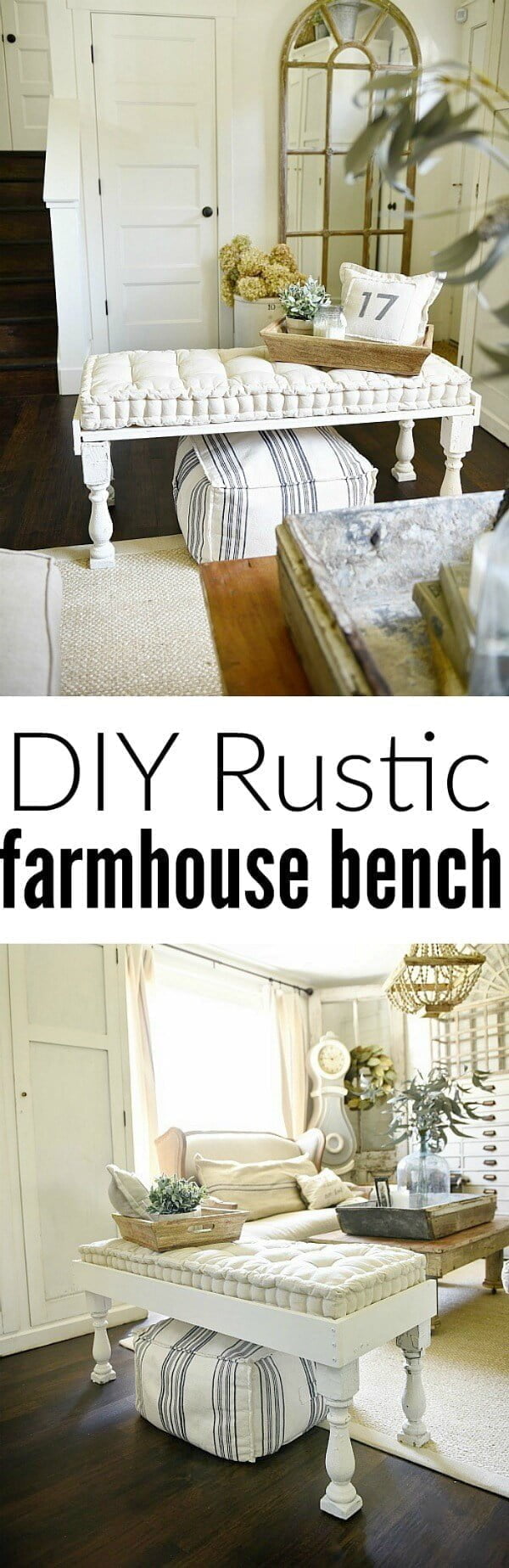 DIY Rustic Bench with Tufted Cushion