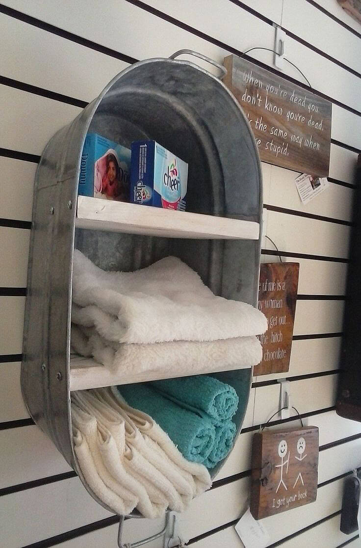 Repurposed Washtub Towel Storage