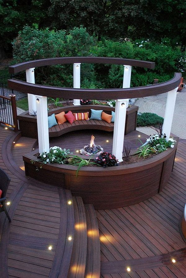 Wooden Bench Planters with an Enclosed Firepit