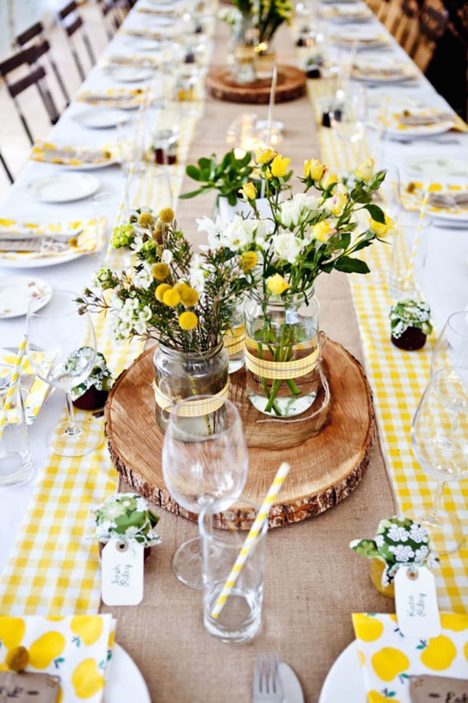 Cheerful Meadow-Themed Table Decor with Wooden Stump Plates