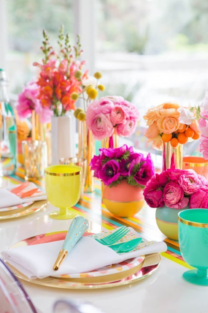 Vibrant Colored Vases with a Hint of Gold Table Decorations