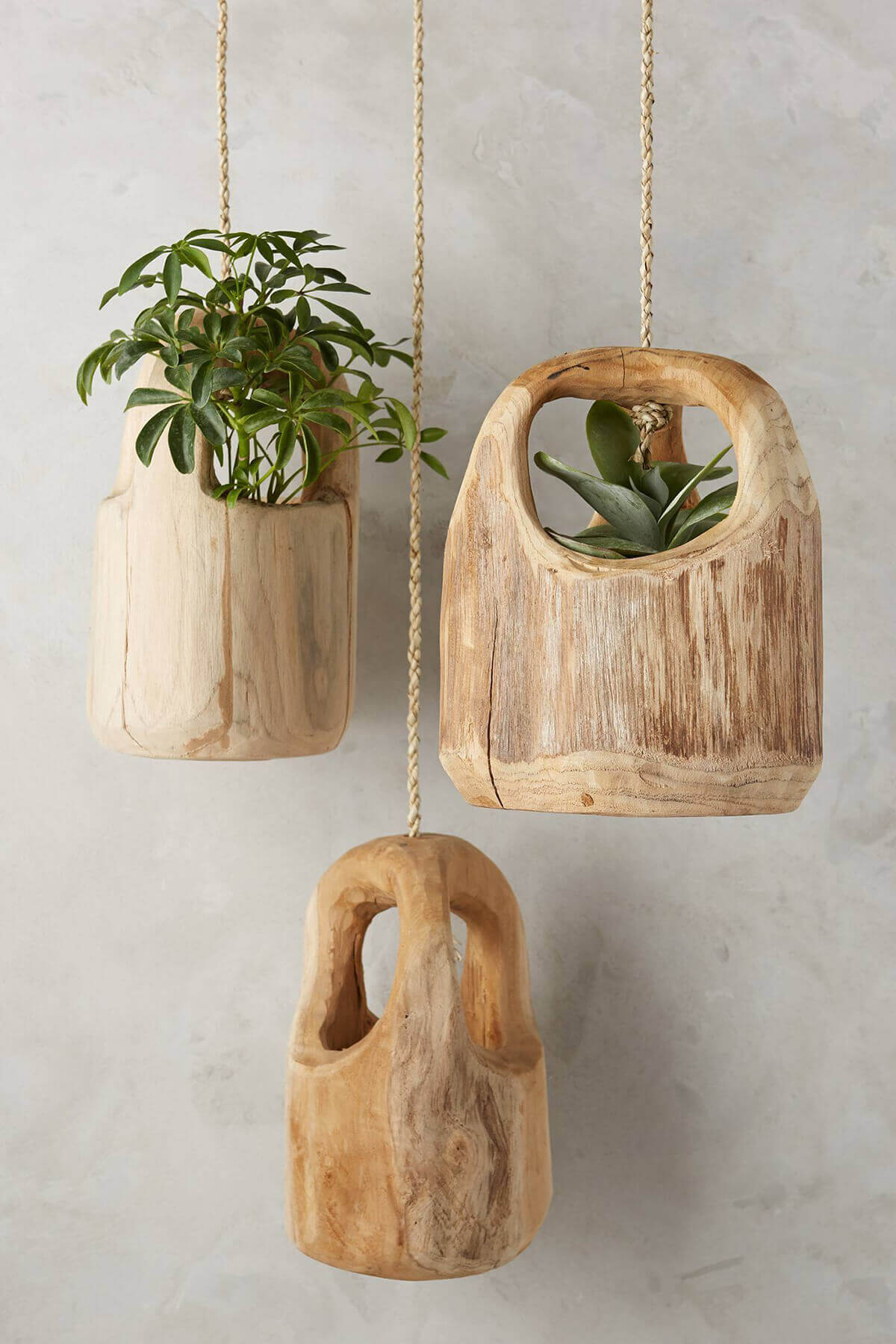 Rustic Carved Wooden Hanging Planters