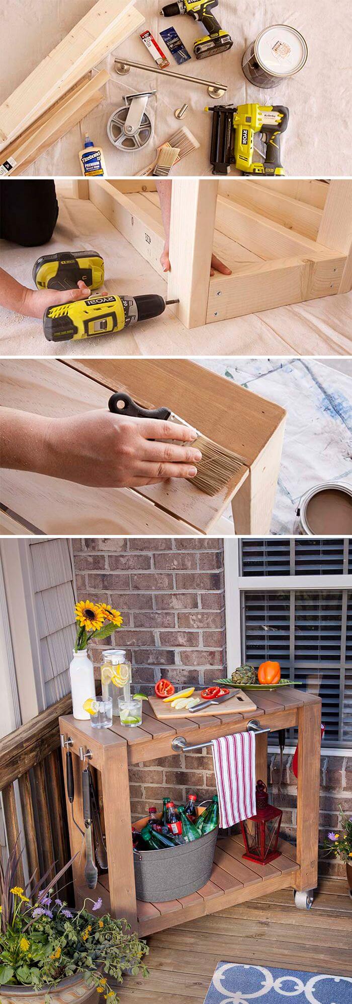 A Stained Wooden Pallet Bar on Wheels