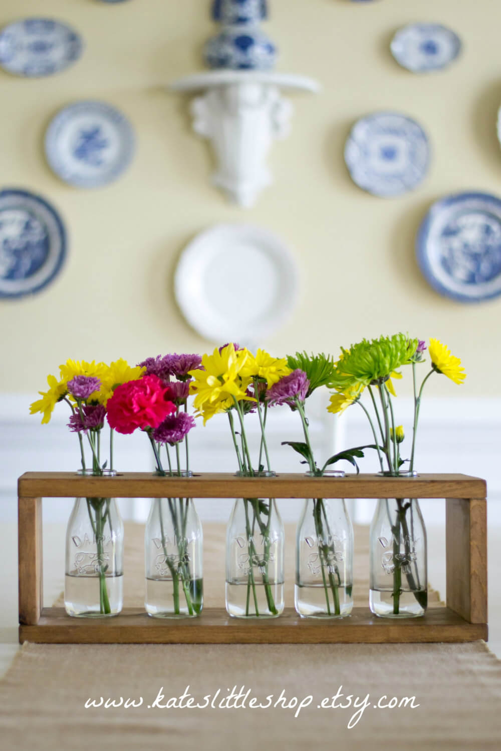 Milk Bottle Flower Vases in a Wood Box