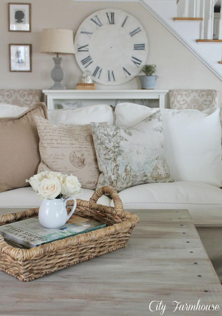 White Linen Couch and Barnwood Coffee Table