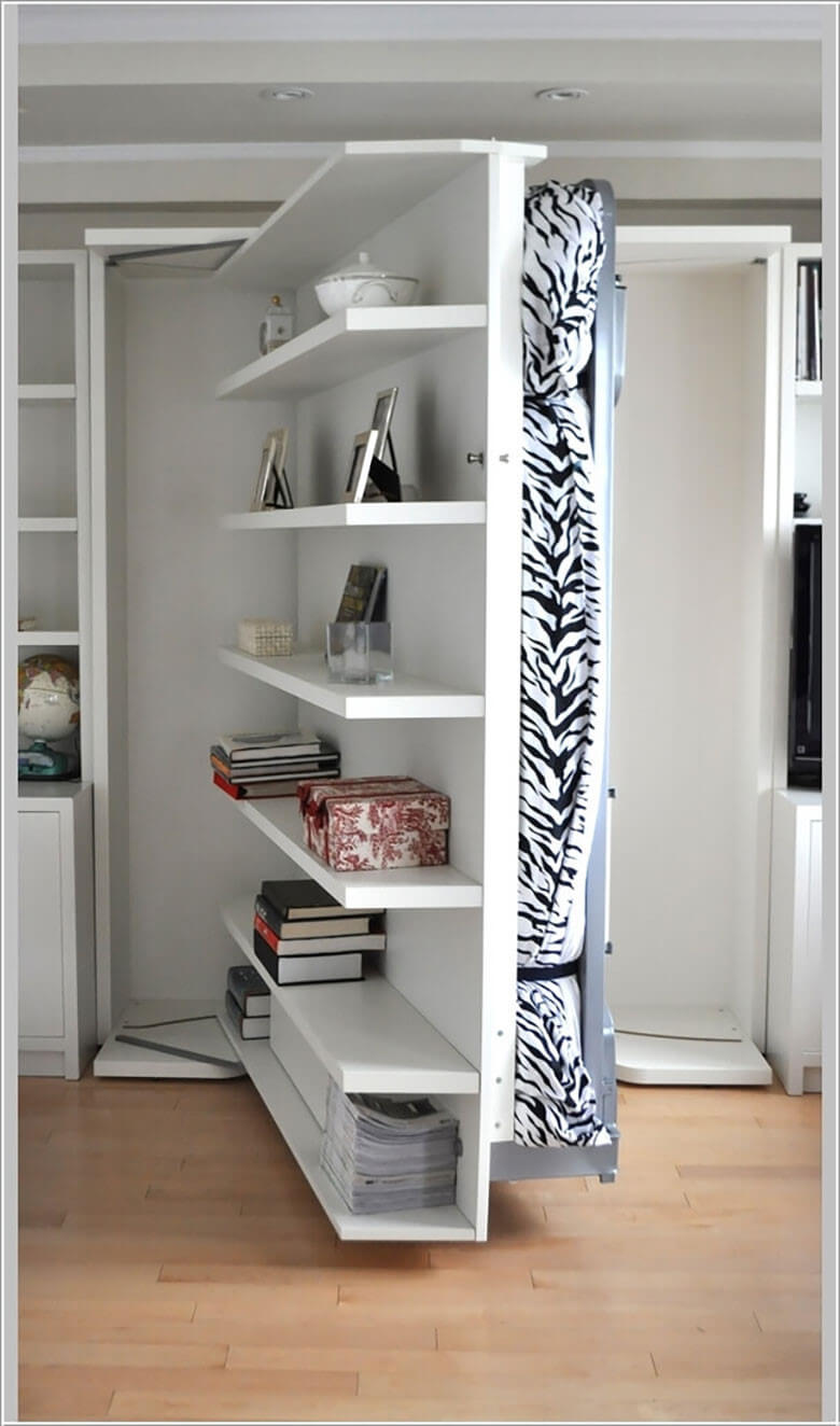 A Bed Hidden Away by Shelves