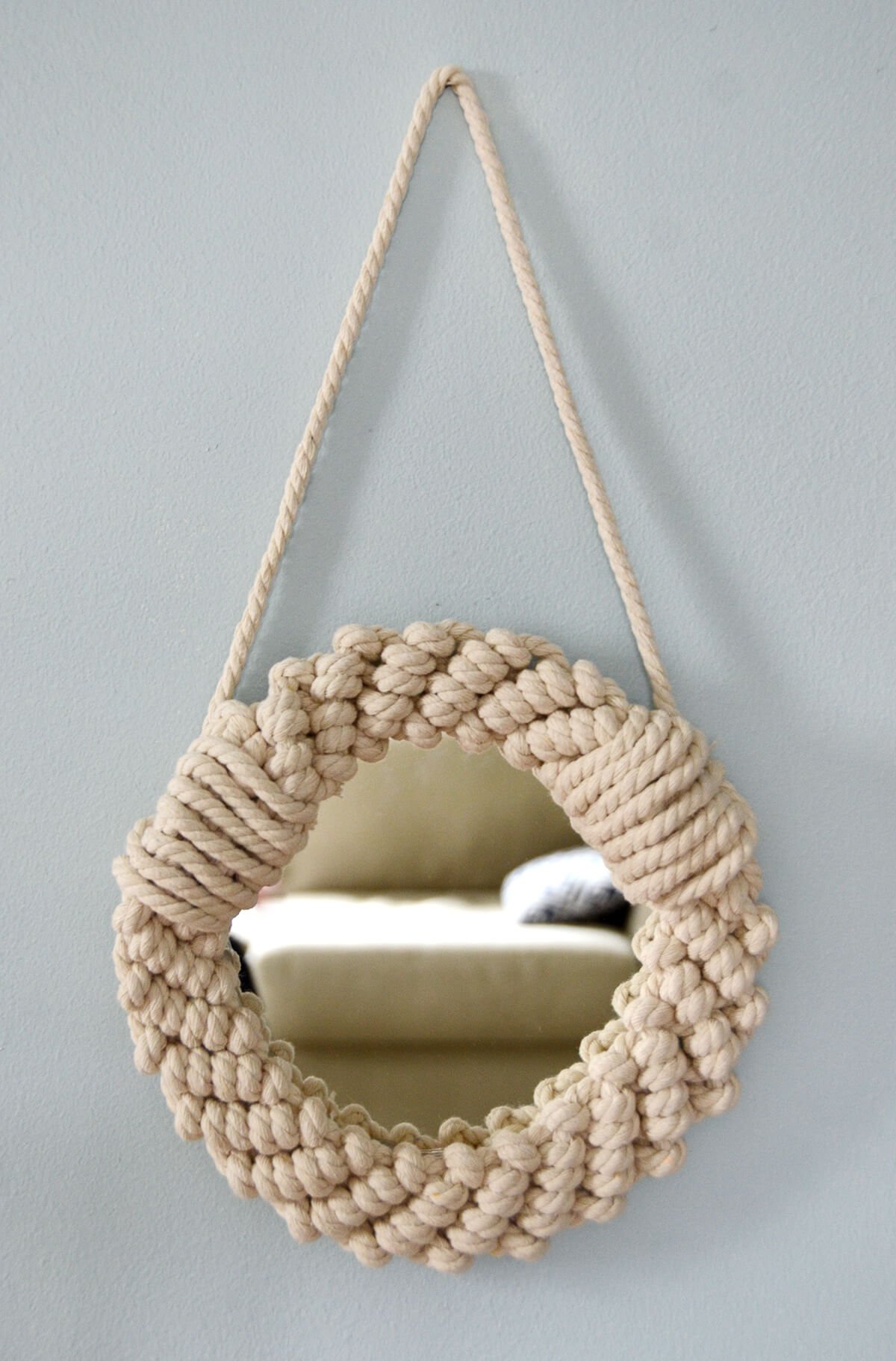 A Small Porthole Mirror Knitted with Rope