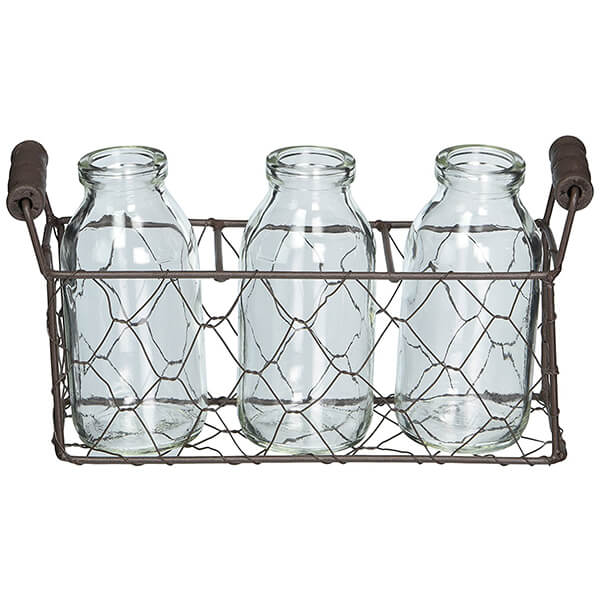 Metal Basket with Three Glass Bottles