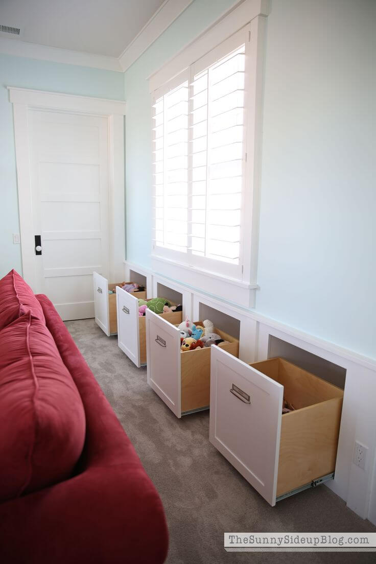 Built In Sitting Room Storage for Fast Kiddie Clean-up